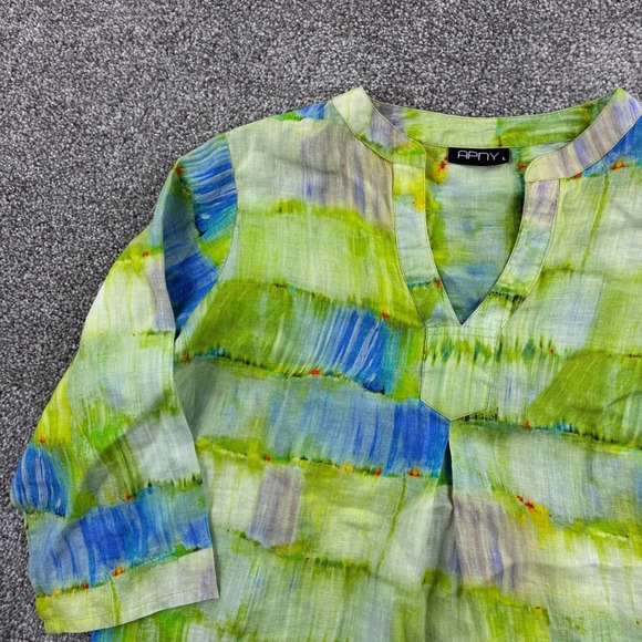 APNY Shirt Women's Large Green Blue 100% Linen Abstract Watercolor Tunic Blouse - Picture 2 of 7